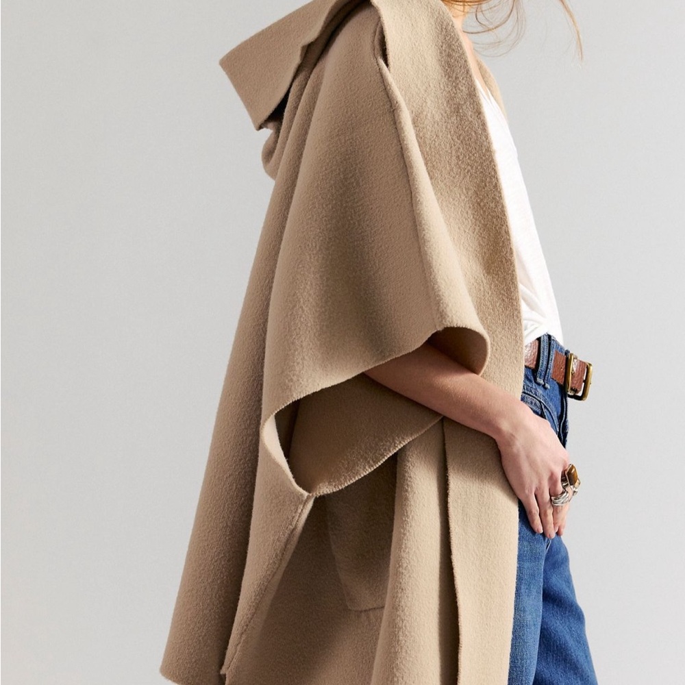 Free People Camel Hooded Wool-Blend Cape Cozy a Travelers Dream